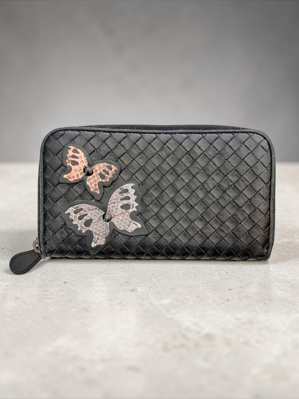 Bottega Veneta Black Intrecciato Leather Zip Wallet Snakeskin Butterfy Motifs